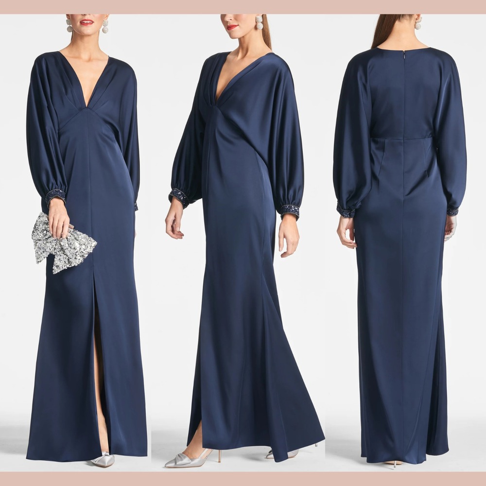 NWT Sachin & Babi [ 6 ] Maia Long Sleeve Satin Crepe Gown in Midnight Blue S1811